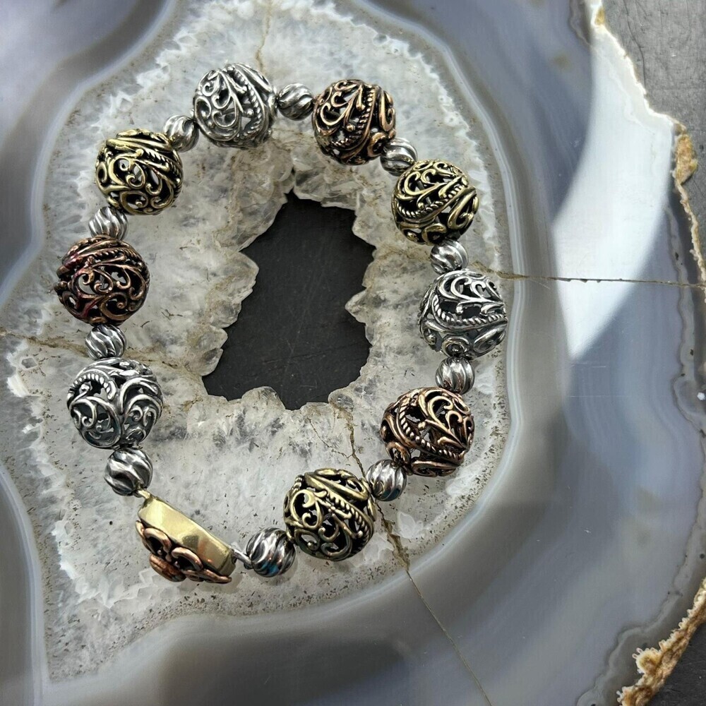 Carolyn Pollack Sterling, Brass, Copper Decorated Swirl Beads Bracelet For Women - Picture 4 of 10